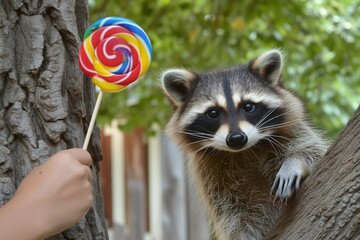 human hand offers a lollipop to a raccoon peeking from a tree