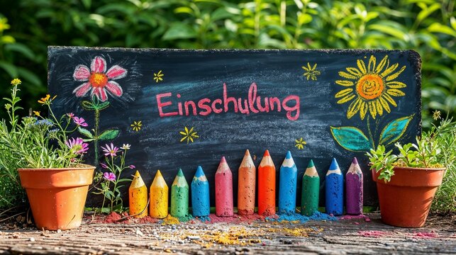 Bunte Einschulungstafel mit Kreidezeichnung