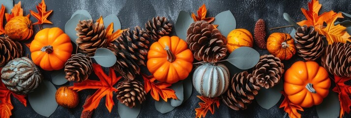 A festive Thanksgiving themed flat lay featuring autumn leaves, pinecones, and decorative pumpkins