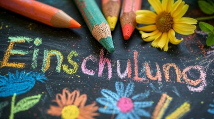 Einschulung mit Kreide mit Blumen und Bleistiften auf Tafel geschrieben