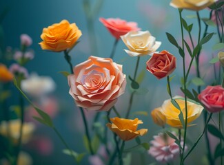 Fototapeta premium A bright bouquet of multi-colored roses on a soft dreamy background. Flowers are made of paper.