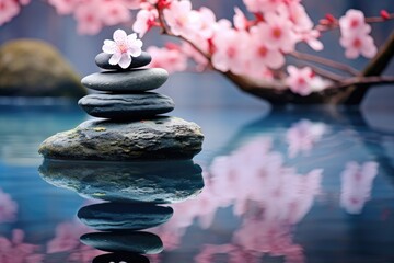 Obraz na płótnie Canvas Zen Balance: Stones in Calm Waters with Pink Cherry Blossoms - Generative AI