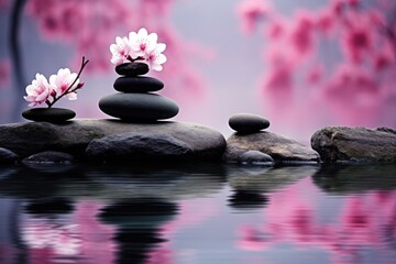 Fototapeta na wymiar Zen Balance: Stones in Calm Waters with Pink Cherry Blossoms - Generative AI