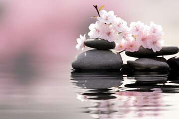 Serene Reflections: Zen Stones Amidst Blossoming Tranquility - Generative AI