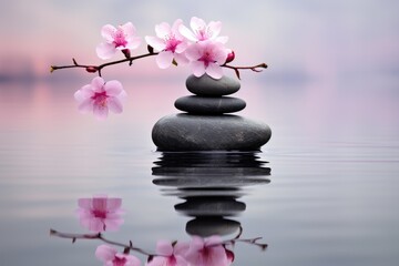 Serene Reflections: Zen Stones Amidst Blossoming Tranquility - Generative AI