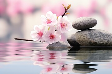Fototapeta na wymiar Serene Reflections: Zen Stones Amidst Blossoming Tranquility - Generative AI
