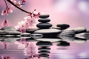 Obraz na płótnie Canvas Serene Reflections: Zen Stones Amidst Blossoming Tranquility - Generative AI