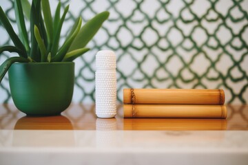 a skincare roller next to a jade plant on a bamboo mat