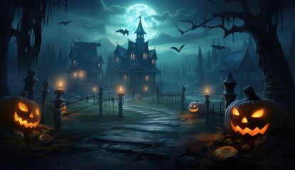 Fototapeta na wymiar Midnight Whispers: A Haunting Halloween Scene Lit by Moonlight - Generative AI