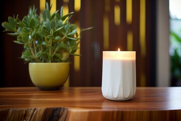 unlit eucalyptus candle placed on a wooden surface