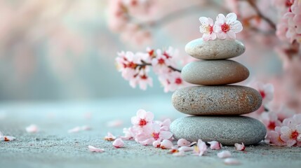 Naklejka na ściany i meble Pebbles balancing, with flowers background. Sea pebble. Colorful pebbles. For banner, wallpaper, meditation, yoga, spa, the concept of harmony, ba lance. Copy space for text