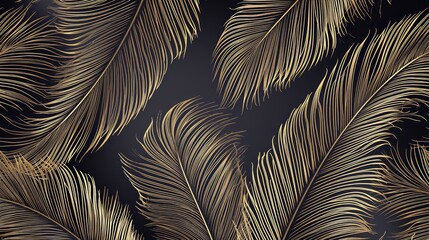 Abstract illustration of dark tropical large leaves, with gold lines, luxury elegant background. Tropical wallpaper - obrazy, fototapety, plakaty