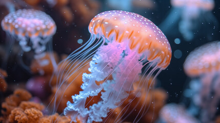 jellyfish in an underwater aquarium with tentacles.