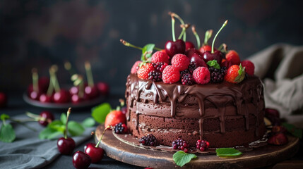 chocolate Cake Delight with Cherries and Berries
