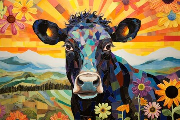 Art of colorful cow. Portrait outdoors. Abstract background