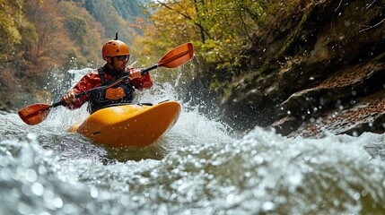 An epic outdoor adventure kayaking. Adventure outdoors with an exciting scene showcasing adrenaline-pumping activities like rock climbing, hiking or kayaking.
