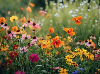 Fototapeta premium A vibrant garden of blooming flowers in various colors, bathed in sunlight.