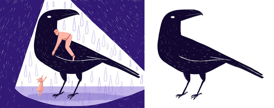 Bird of ill omen / An illustrated black crow and two human characters, in a rainy and sad environment