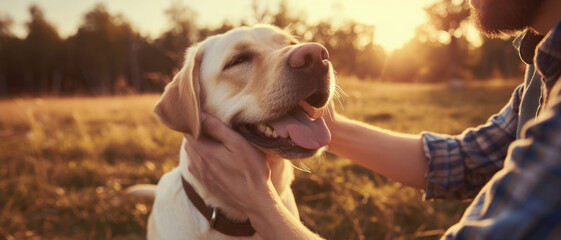 Golden sunlight bathes a content labrador and its owner in a moment of affectionate bonding in the...