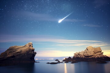 oceanic foreground with a comet shooting across the night sky - Powered by Adobe