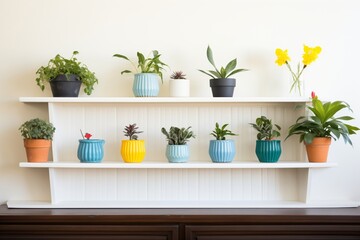 self-watering planters lined up on a shelf
