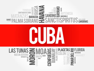 List of cities and towns in Cuba, word cloud collage, business and travel concept background