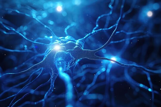 Digital image of a neuron network with glowing synapses, brain activity and neural connections