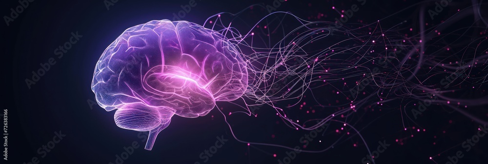 Poster dynamic brain model with neural network activity, and vibrant pink highlights on dark background