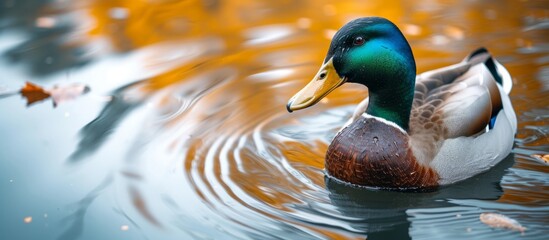 A beautiful duck gracefully swimming in a lake, captured up close. - Powered by Adobe