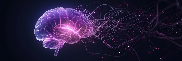 Dynamic brain model with neural network activity, and vibrant pink highlights on dark background - obrazy, fototapety, plakaty