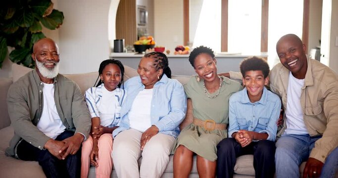 Big family, smile and portrait in home living room, bonding together and healthy relationship. African grandparents, mother and father with children on sofa in lounge, happy kids relax or funny laugh
