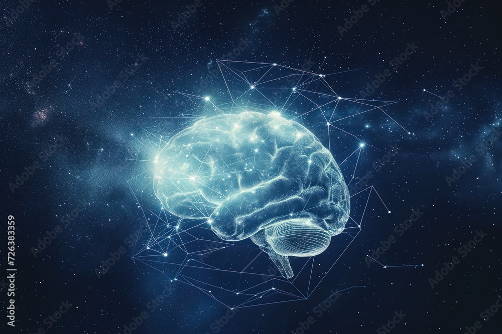 Poster brain constellation against a starry sky, representing neural connections with a cosmic twist