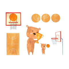 set illustration of bears basketball players, cubs with a basketball ball, basketball hoop, animal athletes drawn in watercolor. Medals