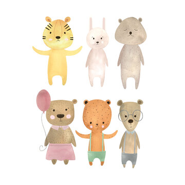 set of illustrations of watercolor cute hand drawn bears. adorable bear cubs