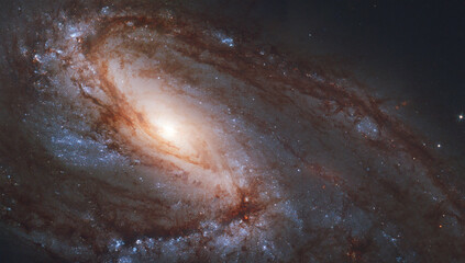 Panoramic spiral galaxy, NGC 3627. Bright orange, red blue, black hole galactic long-range captured image. Elements of this image furnished by NASA (observed by the Hubble telescope)
