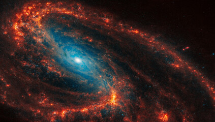 Face-on spiral galaxy, NGC 3627. Bright orange, red blue, black hole galactic long-range captured image. Elements of this image furnished by NASA (observed by the Webb telescope) - Powered by Adobe