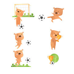 set illustration of bear football players, cubs with a soccer ball, animal athletes drawn in watercolor.