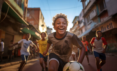 Group of latino boys smiling and laughing while they running by narrow poor Favela Brazilian Rio de Janeiro district with old football ball as team mates. Active people, child dream and travel concept