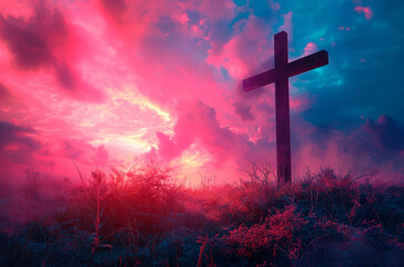 Obraz premium Cross Silhouette Against Dramatic Sunset Sky