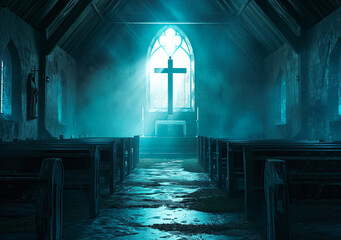 Mystical Church Interior with Cross Window Light