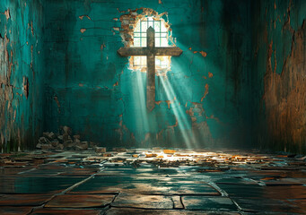 Cracked Blue Wall with Sunlit Cross