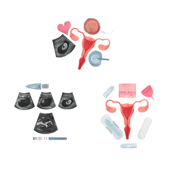 set illustration on the topic of IVF fertilization, women's health, family planning. Pictures for gynecologists and reproductive specialists, drawn in watercolor