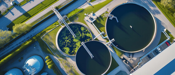 Aerial view of water treatment tanks, showcasing environmental engineering