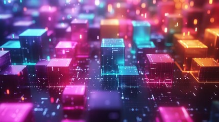Obraz premium Glowing Neon Cubes in a Futuristic Digital Landscape