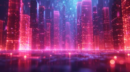 Futuristic Cityscape Bathed in Neon Lights at Twilight