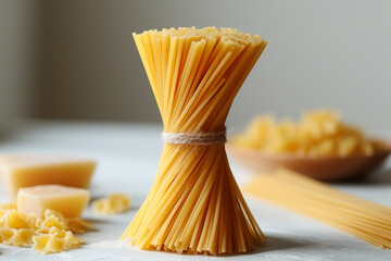 bundle of raw spaghetti tied with twine, surrounded by pieces of hard cheese, against a soft-focus background, evoking homemade Italian cuisine