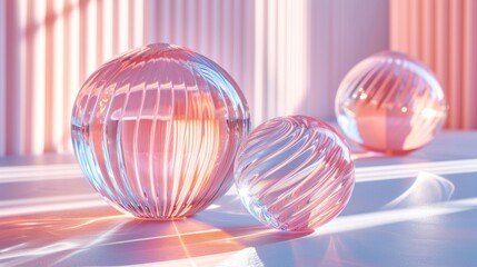 Shimmering Glass Spheres Reflecting Light in a Pink-Hued Minimalist Room
