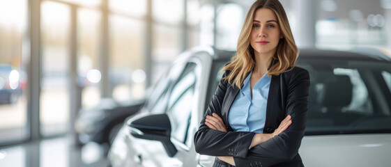 Confident businesswoman stands in a car showroom, professional expertise reflected in her poised stance