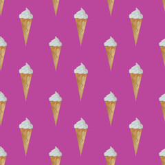 pattern  hand-drawn watercolor ice cream illustration, ice cream in a waffle cone, cake