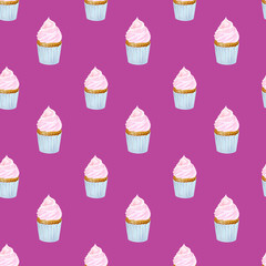 pattern cupcake illustration hand drawn in watercolors, cake with cream.